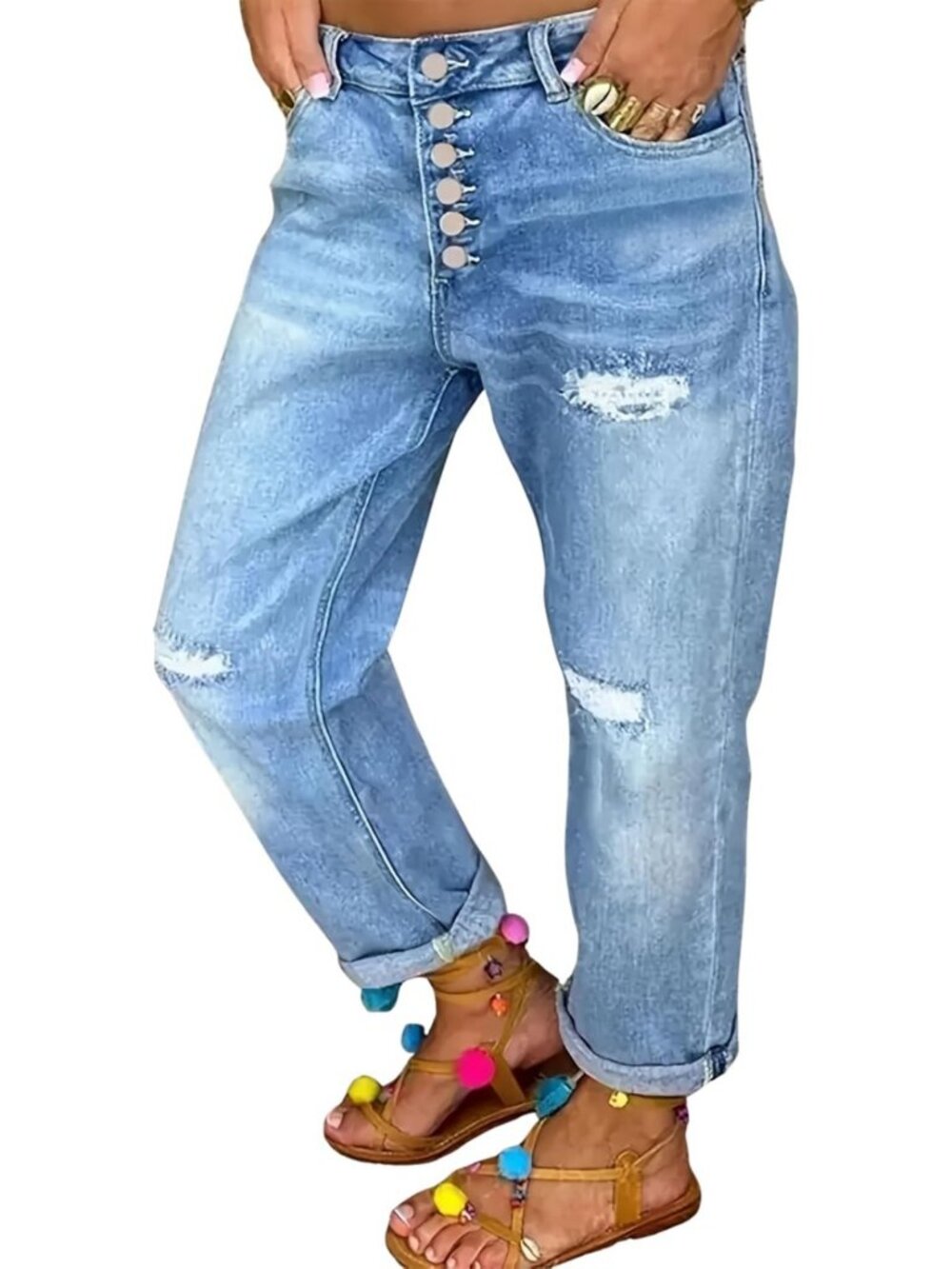 Light Wash Distressed Boyfriend Jeans, High Waisted, Ripped Knee, Relaxed Fit
